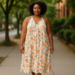 Natural Reflections Women plus XXL Orange Green Floral Halter style maxi dress